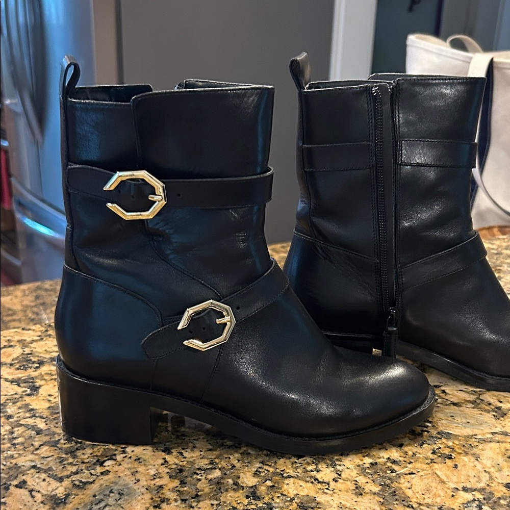 Cole Haan Black Ankle Boots with Gold Accents